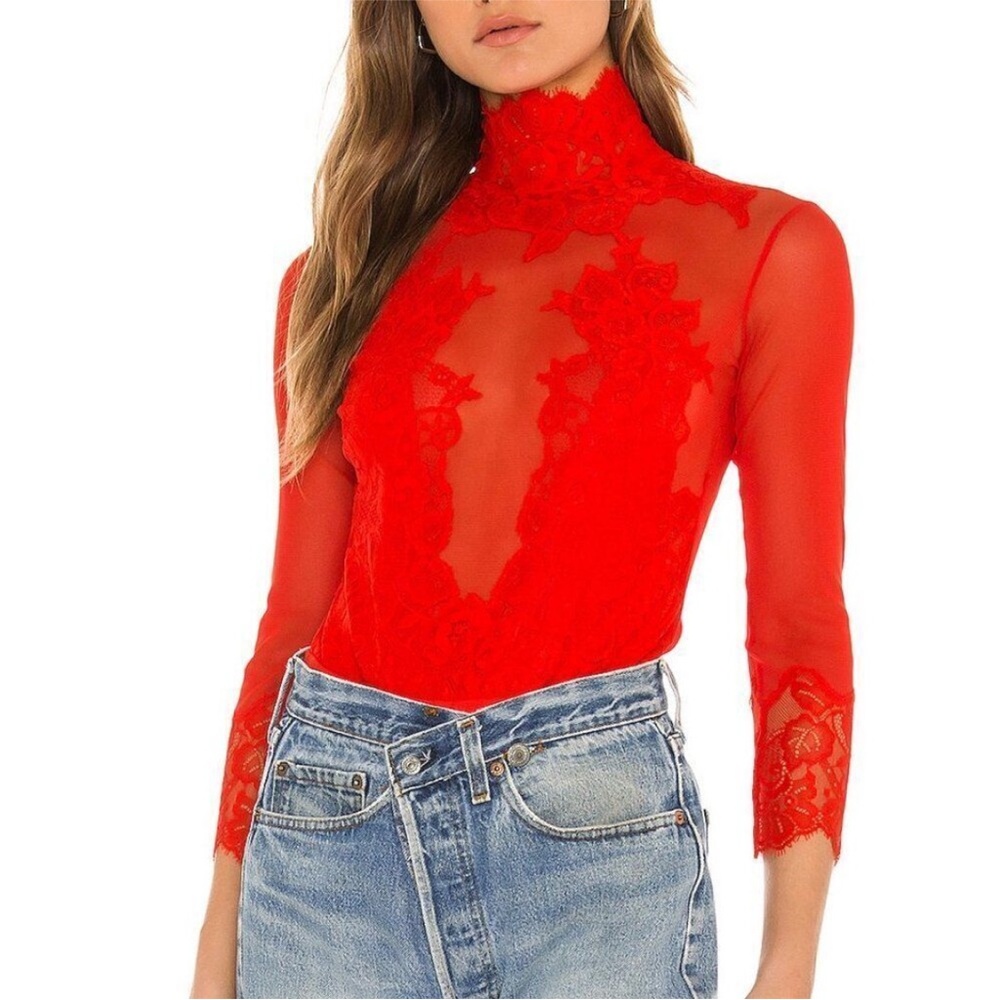 Free People x Take HAH bow Red Lace Mesh High-Neck Bodysuit